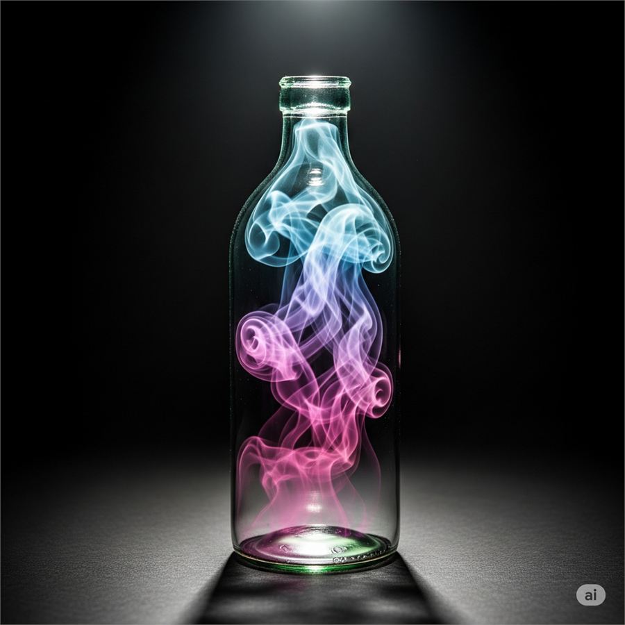 Coloured smoke swirling inside a glass bottle